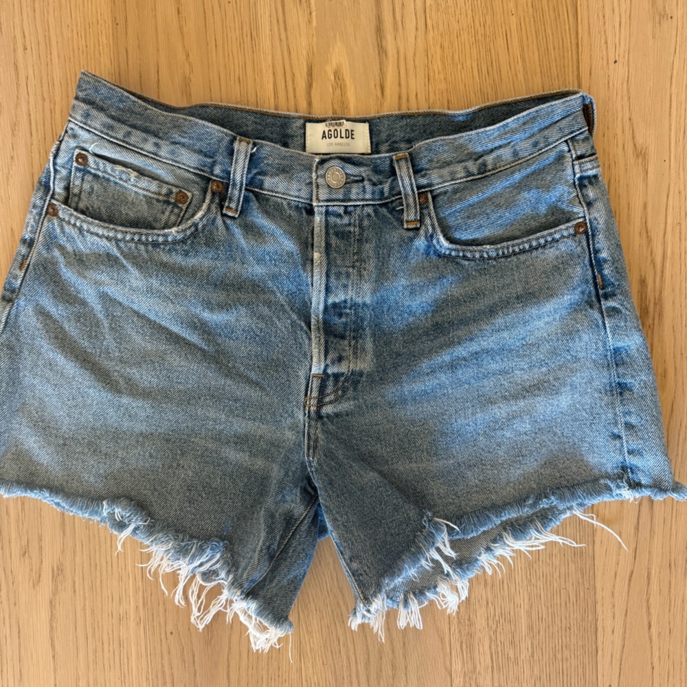 Agolde Light Blue Frayed Jean Shorts
